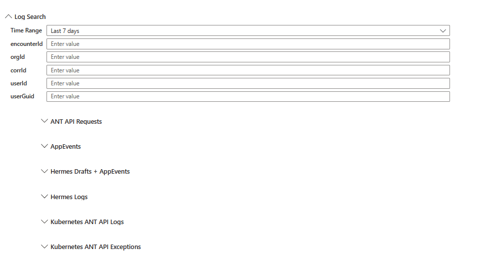 Log Search developer tool — filter production logs by encounterId, orgId, corrId, userId, or userGuid across multiple log sources