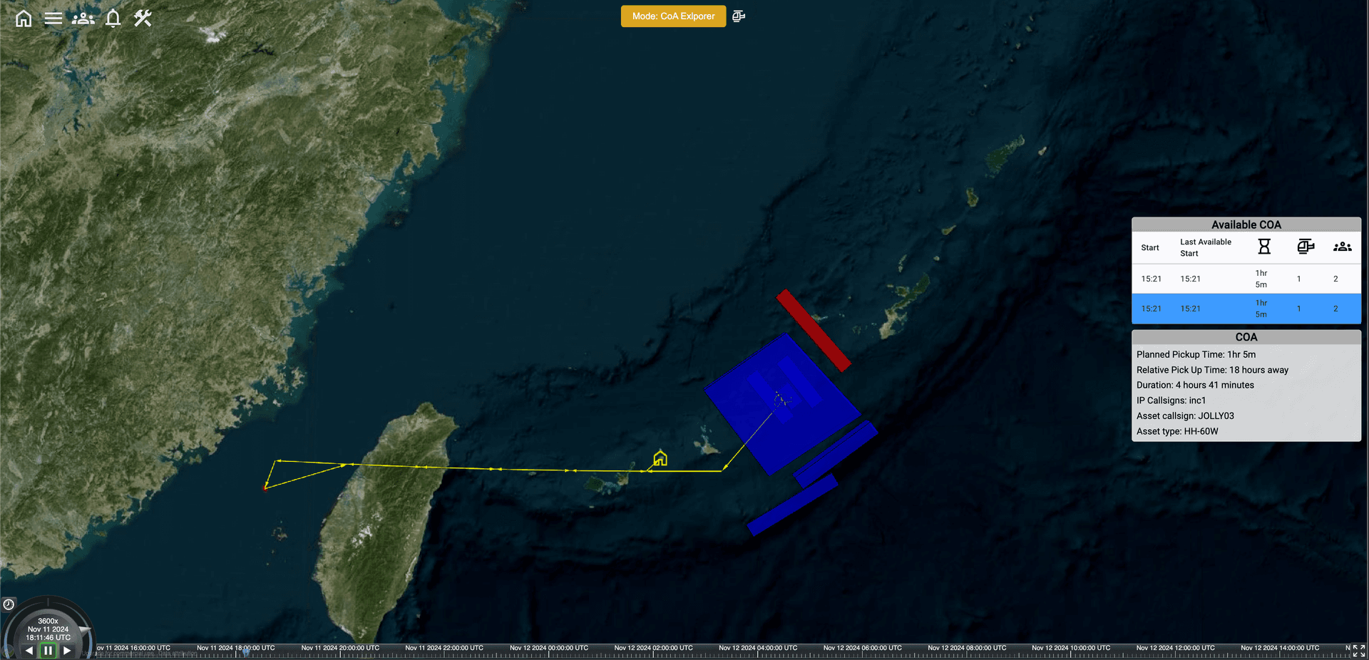 Geospatial mission view — search zones, asset positions, and CDA status panel rendered on a real-world map