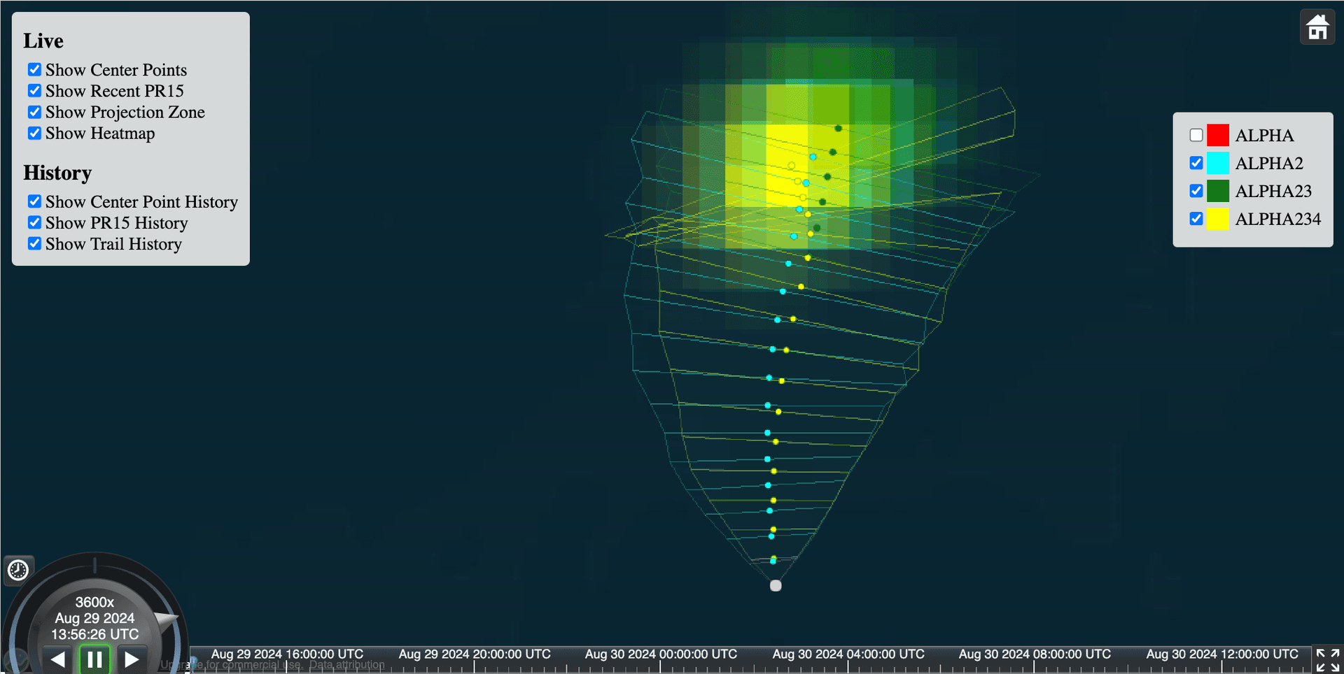 3D trajectory prediction cone with heatmap overlay — live sensor data plotted against a time axis