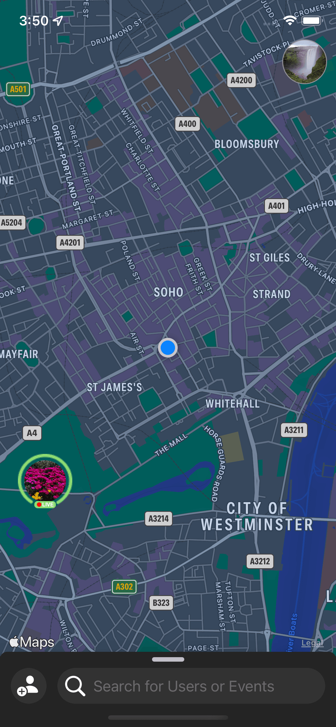 Core map view — live event pins plotted on an interactive city map