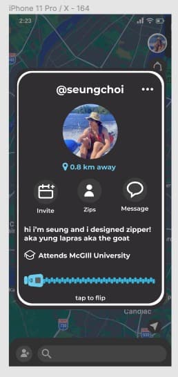 User profile card popup — shows distance, actions, and bio surfaced directly on the map